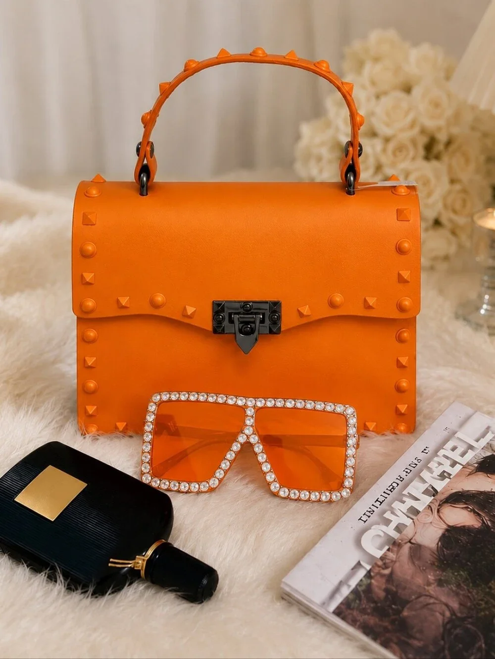 Orange Studded Top-Handle Women's Bag With Adjustable Straps As A Crossbody